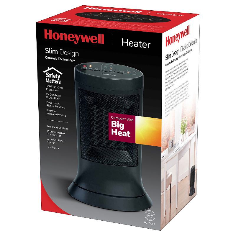 slide 4 of 8, Honeywell Digital Ceramic Compact Tower Heater Black: Indoor Space Heater, Programmable Thermostat, 1500W, Electric, 1 ct