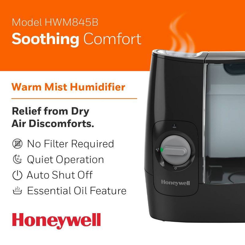 slide 2 of 8, Honeywell HWM845 Warm Mist Humidifier with Essential Oil Cup Filter Free Black: Quiet Operation, 24-Hour Run Time, ETL Listed, 1 ct