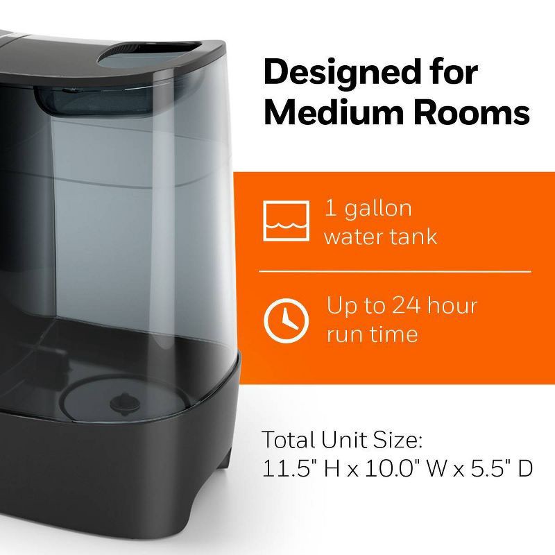 slide 4 of 8, Honeywell HWM845 Warm Mist Humidifier with Essential Oil Cup Filter Free Black: Quiet Operation, 24-Hour Run Time, ETL Listed, 1 ct