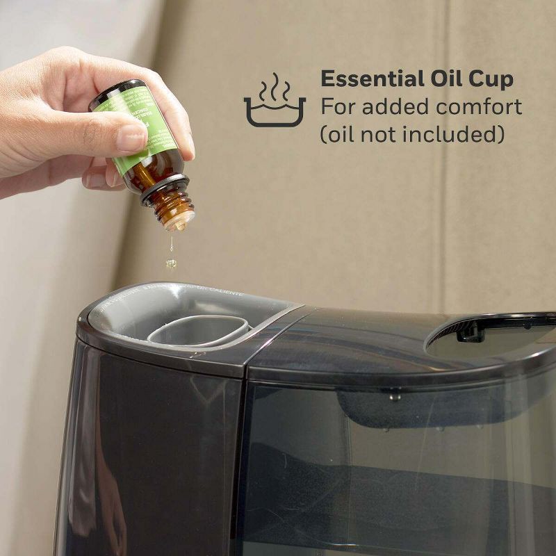 slide 5 of 8, Honeywell HWM845 Warm Mist Humidifier with Essential Oil Cup Filter Free Black: Quiet Operation, 24-Hour Run Time, ETL Listed, 1 ct