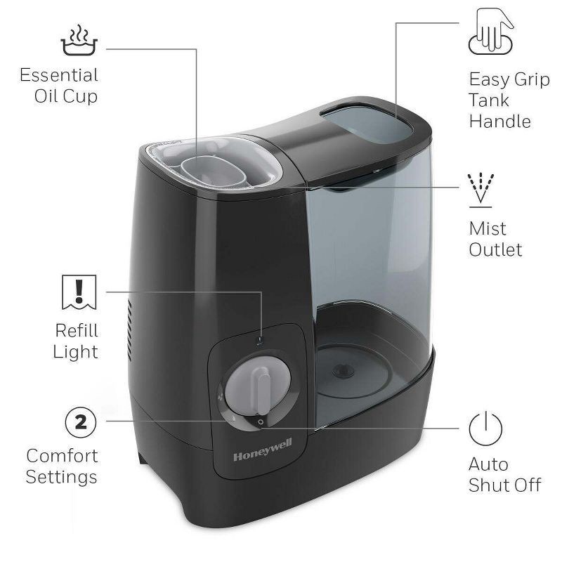slide 6 of 8, Honeywell HWM845 Warm Mist Humidifier with Essential Oil Cup Filter Free Black: Quiet Operation, 24-Hour Run Time, ETL Listed, 1 ct