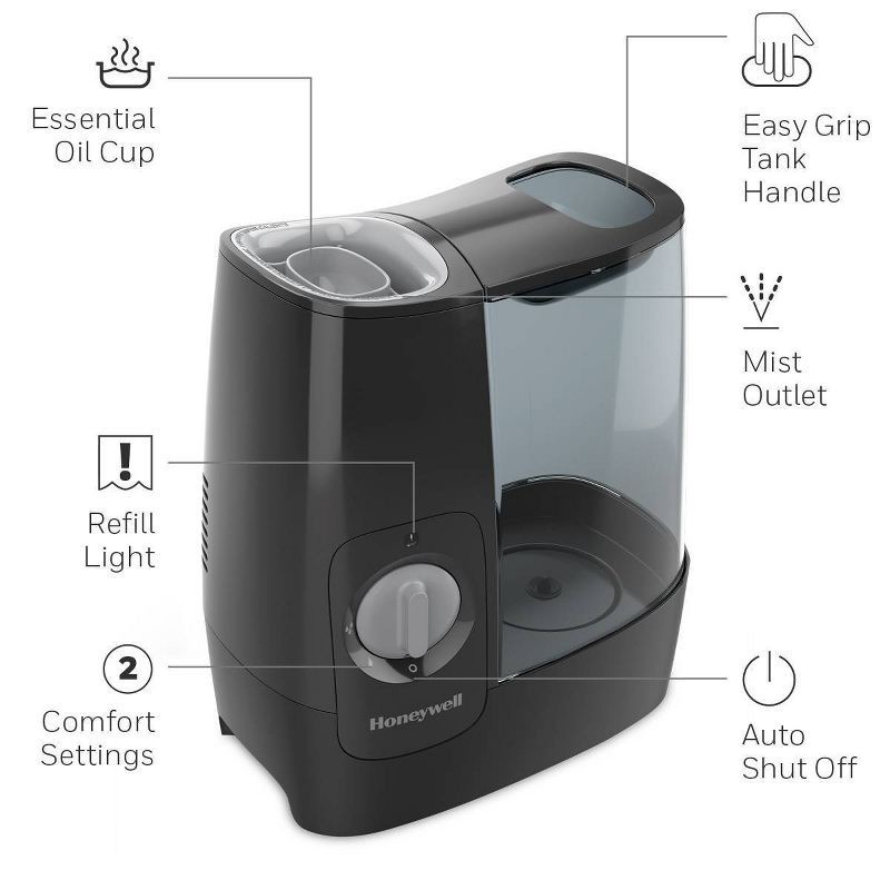 slide 6 of 8, Honeywell HWM845 Warm Mist Humidifier with Essential Oil Cup Filter Free Black: Quiet Operation, 24-Hour Run Time, ETL Listed, 1 ct