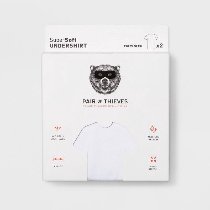 slide 2 of 8, Pair of Thieves Men's 2pk Crew Neck Undershirt - White S: , Midweight Cotton Blend, Short Sleeve, Pullover Style, 2 ct