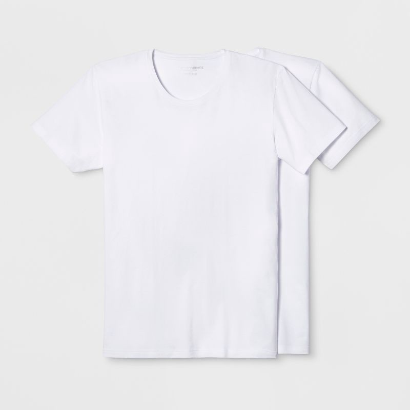 slide 1 of 8, Pair of Thieves Men's 2pk Crew Neck Undershirt - White S: , Midweight Cotton Blend, Short Sleeve, Pullover Style, 2 ct