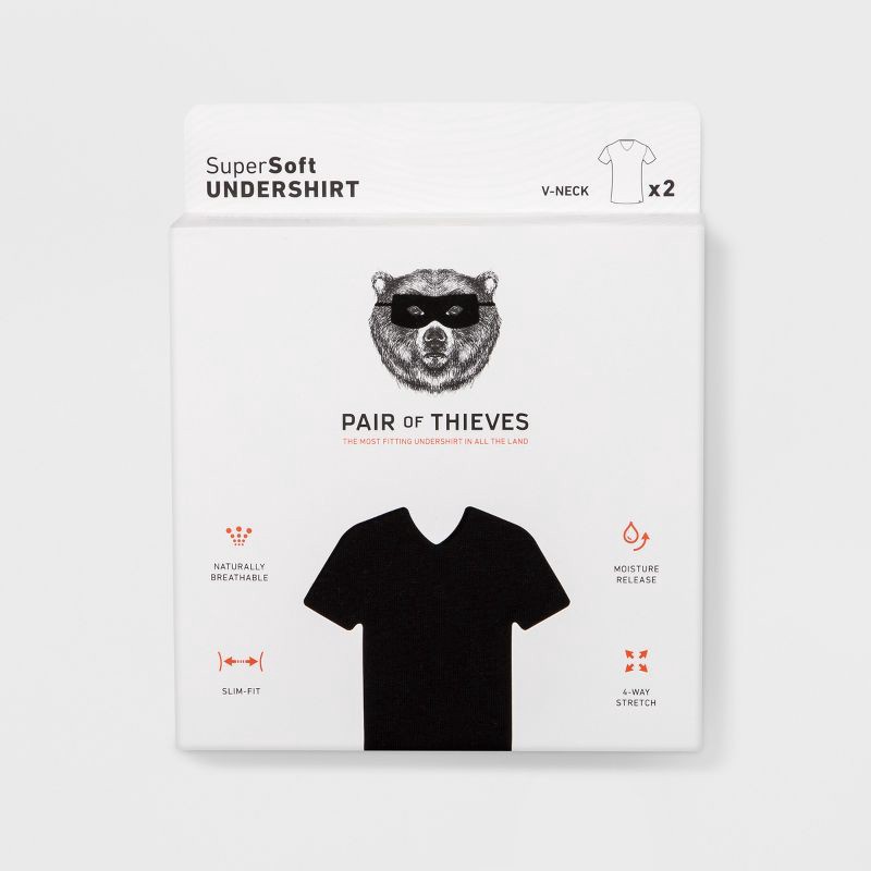 slide 2 of 8, Pair of Thieves Men's 2pk V-Neck Undershirt - Black S: Midweight, Short Sleeve, Jersey Fabric, 2 ct