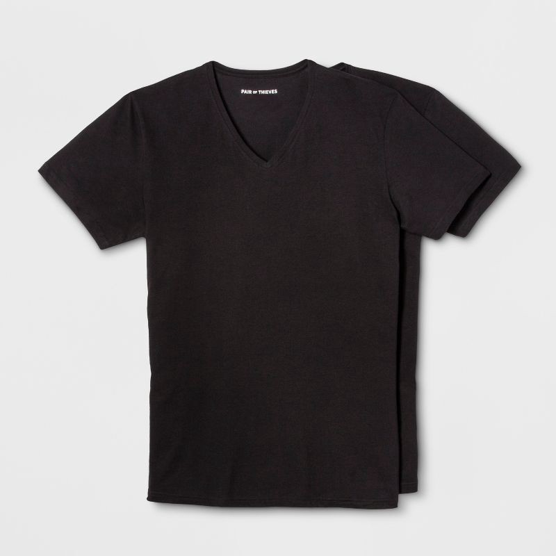 slide 1 of 8, Pair of Thieves Men's 2pk V-Neck Undershirt - Black S: Midweight, Short Sleeve, Jersey Fabric, 2 ct
