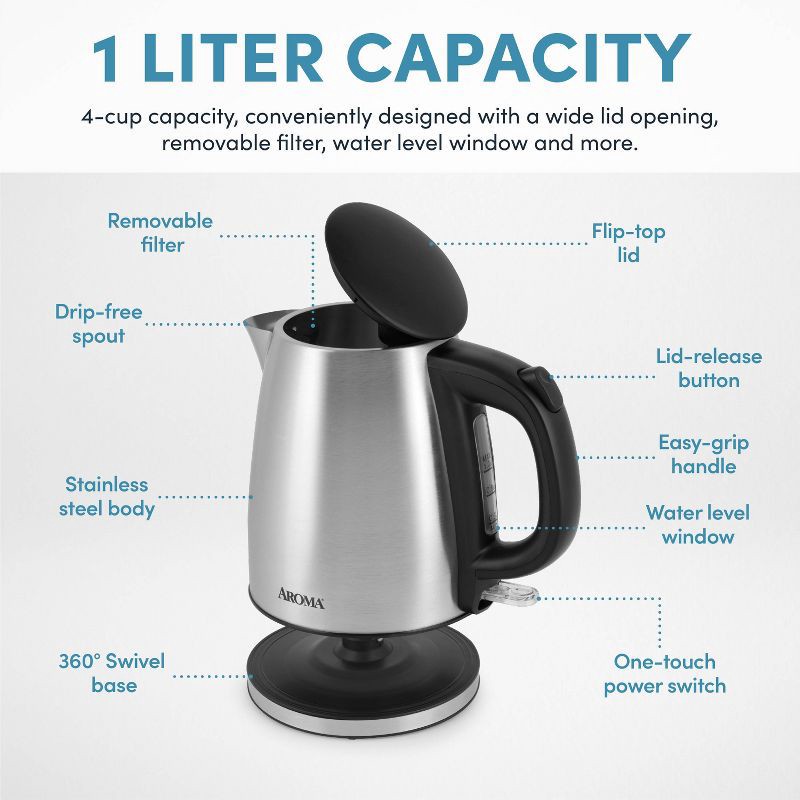 slide 12 of 15, Aroma 1L Electric Water Kettle - Stainless Steel: Tea Kettle, Water Heater, Overheat Protection, 360° Rotating Base, 1 liter