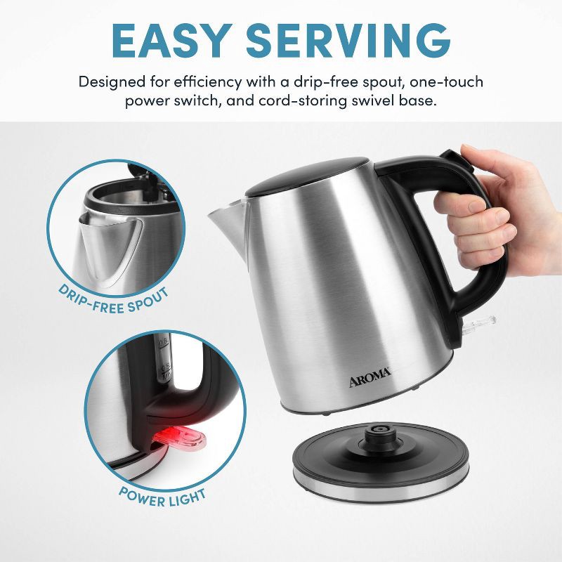 slide 13 of 15, Aroma 1L Electric Water Kettle - Stainless Steel: Tea Kettle, Water Heater, Overheat Protection, 360° Rotating Base, 1 liter