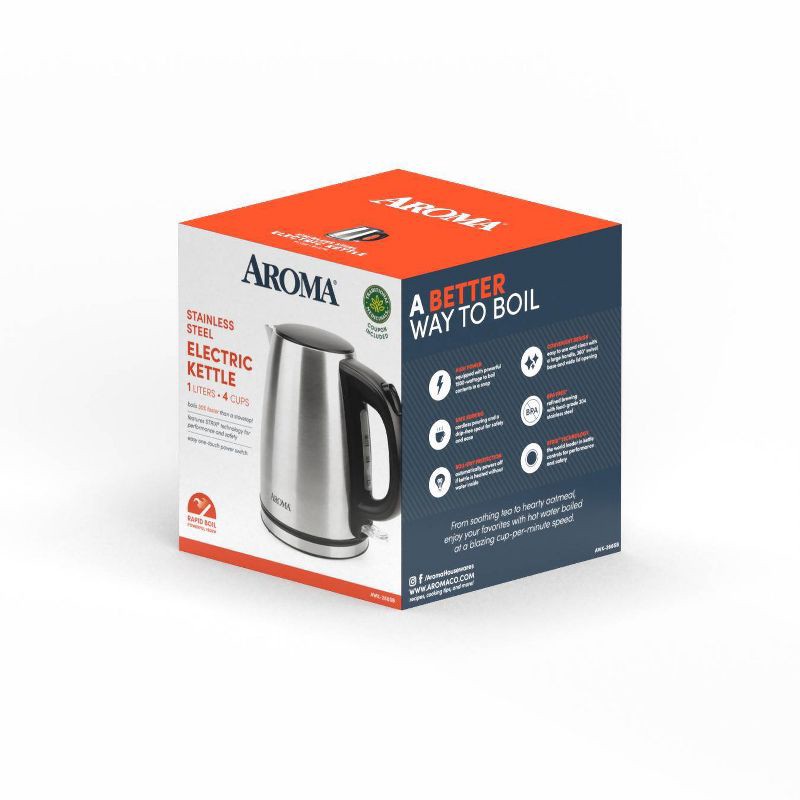 slide 15 of 15, Aroma 1L Electric Water Kettle - Stainless Steel: Tea Kettle, Water Heater, Overheat Protection, 360° Rotating Base, 1 liter