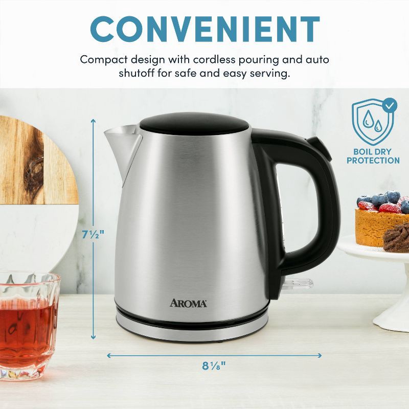 slide 11 of 15, Aroma 1L Electric Water Kettle - Stainless Steel: Tea Kettle, Water Heater, Overheat Protection, 360° Rotating Base, 1 liter