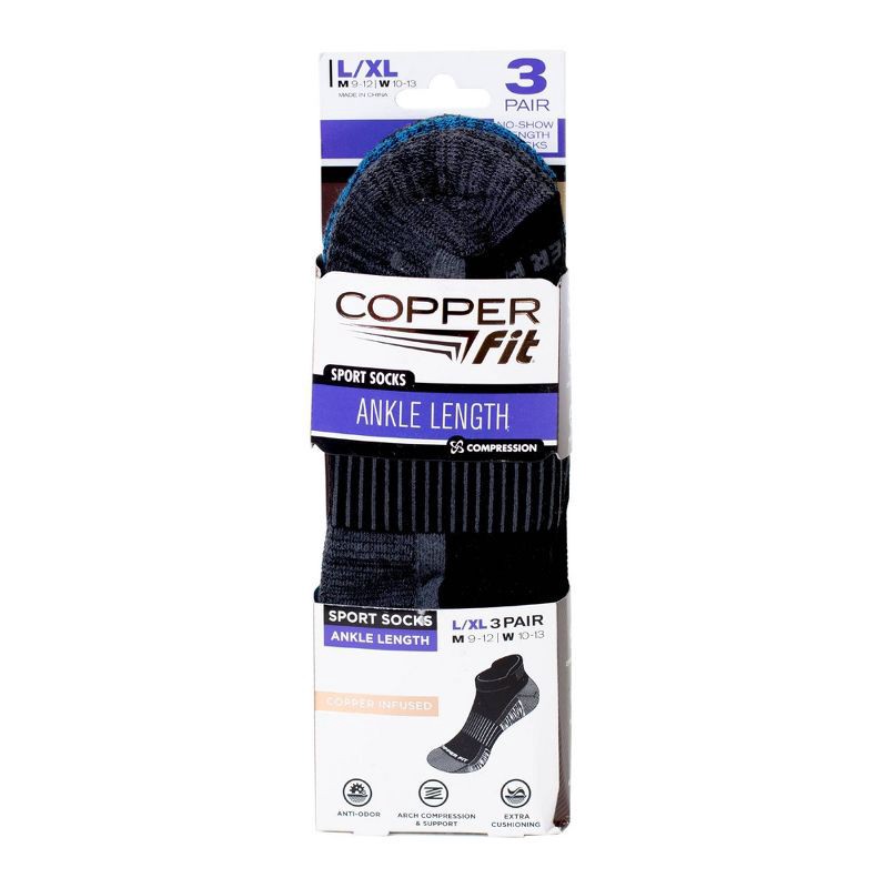 slide 2 of 3, Copper Fit Men's Ankle Socks L/XL 3pk - Black, 3 ct