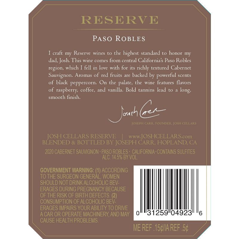 slide 10 of 10, Josh Cellars Josh Reserve Cabernet Sauvignon Red Wine - 750ml Bottle, 750 ml