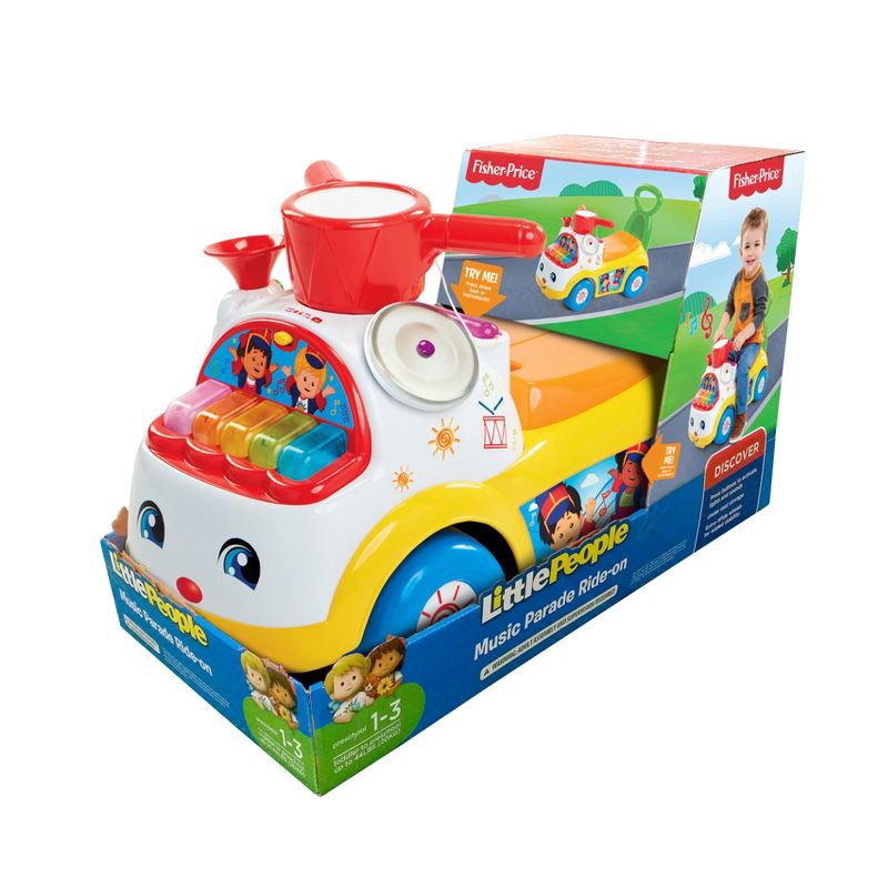 slide 8 of 8, Fisher-Price Little People Music Parade Ride-On with Lights, Sounds, Storage and Walking Bar - Yellow, 1 ct