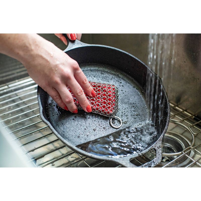 slide 3 of 3, Lodge Chainmail Scrubber Red: Stainless Steel Cast Iron Cleaning Tool, Dishwasher-Safe, 4" Diameter, 1 ct