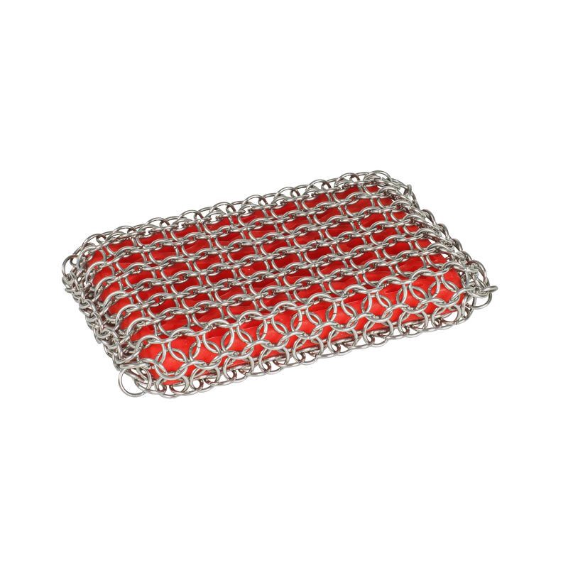 slide 1 of 3, Lodge Chainmail Scrubber Red: Stainless Steel Cast Iron Cleaning Tool, Dishwasher-Safe, 4" Diameter, 1 ct