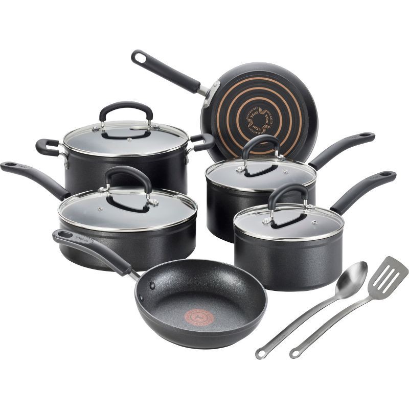 slide 1 of 6, T-fal 12pc Expert Forged Nonstick Cookware Set Black, 12 ct