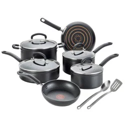 T-fal 12pc Expert Forged Nonstick Cookware Set Black: Tempered Glass Lids, Stay-Cool Handles, Gas & Electric Compatible