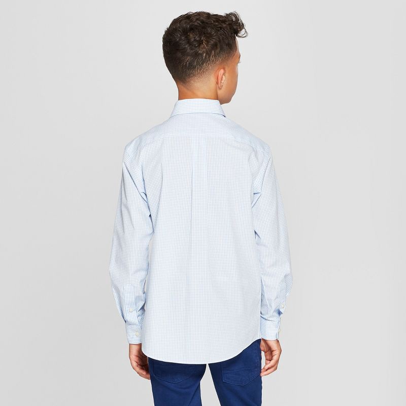 slide 2 of 3, Boys' Long Sleeve Woven Button-Down Shirt - Cat & Jack™ Blue/White L: , Check Pattern, Cotton-Polyester Blend, 1 ct