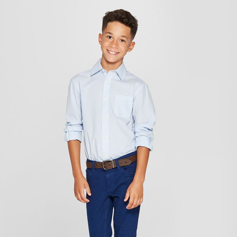 slide 3 of 3, Boys' Long Sleeve Woven Button-Down Shirt - Cat & Jack™ Blue/White L: , Check Pattern, Cotton-Polyester Blend, 1 ct