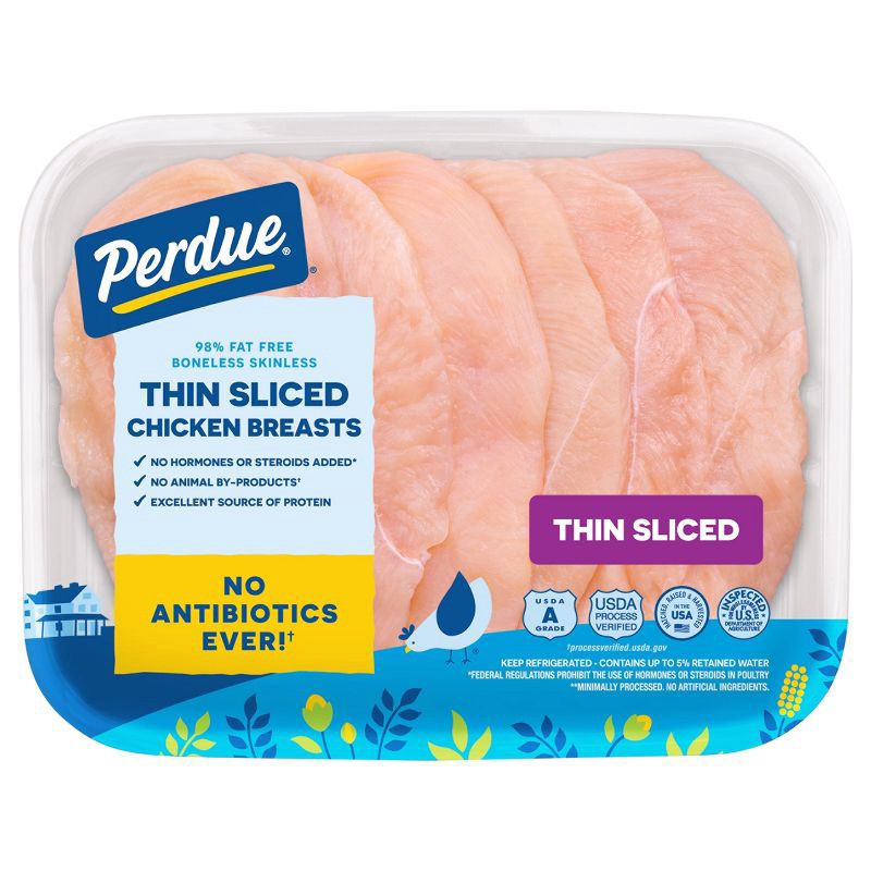 slide 1 of 8, Perdue Thin Sliced Antibiotic Free Chicken Breast - 0.85-1.6lbs - price per lb, per lb