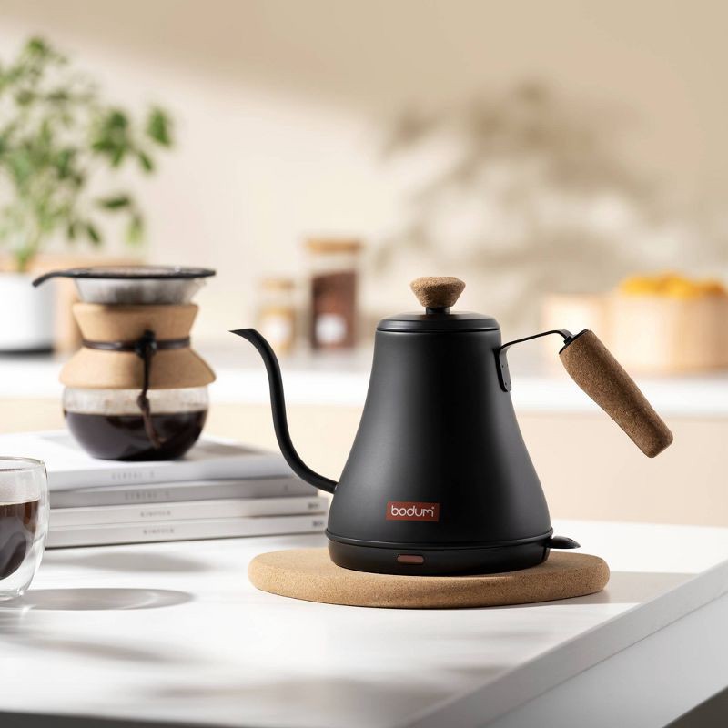 slide 5 of 7, Bodum 27oz Melior Goose Neck Electric Water Kettle Matte Black: Stainless Steel Tea Kettle with Ergonomic Handle, 1000W, 27 oz