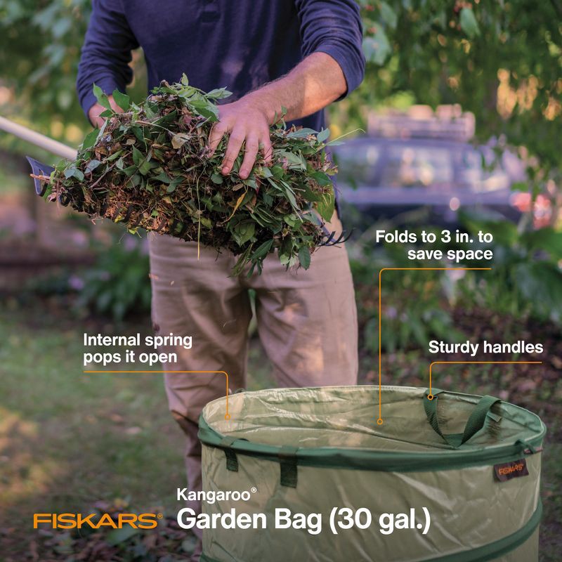 slide 2 of 8, Fiskars 30 gal Kangaroo Gardening Container Green: Durable Polyester Yard Waste Bag, No Assembly Required, 30 gal