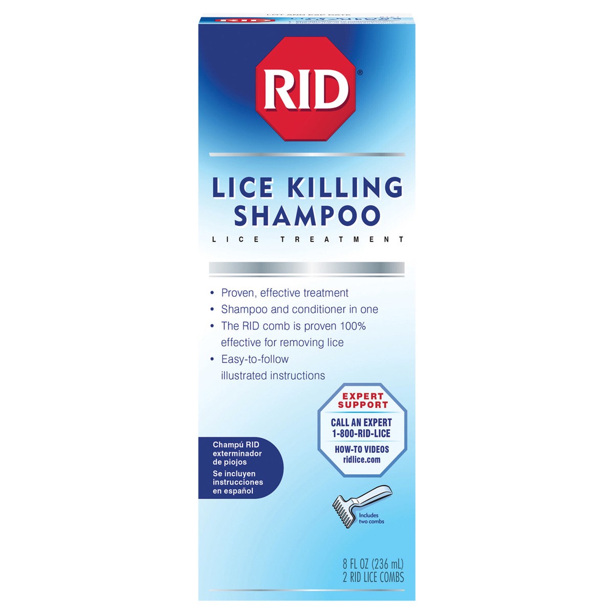 slide 1 of 9, RID Lice Killing Shampoo contains Nit Comb Bottle 8 Ounce, 1 Count, 8 fl oz