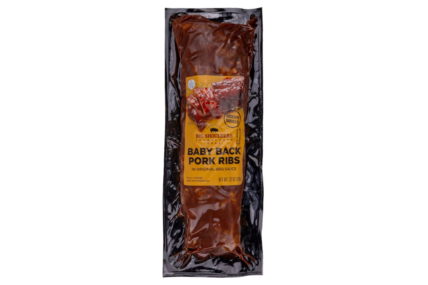 slide 1 of 2, Big Shoulders Baby Back Rib In Bbq Sauce, Fully Cooked, 32 oz