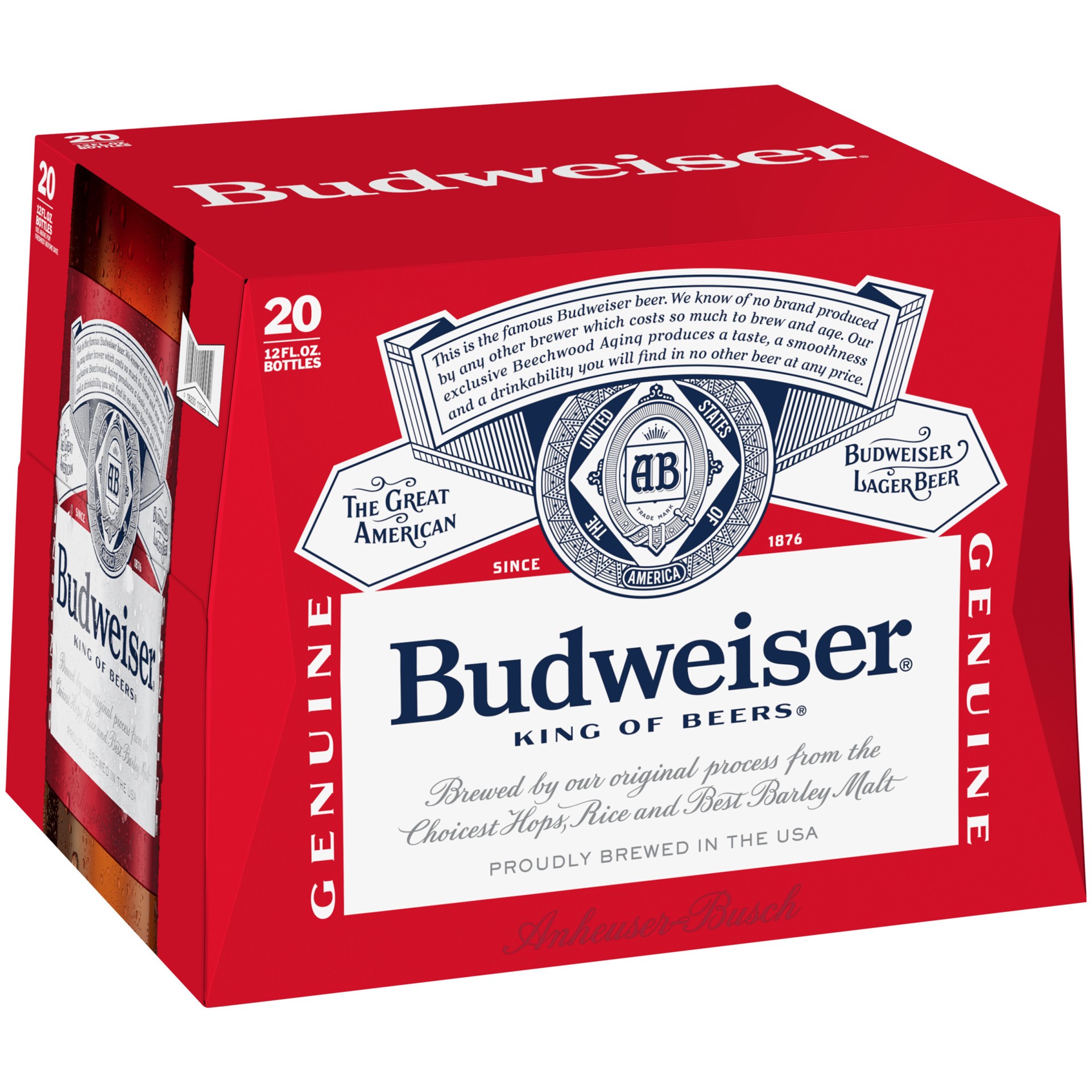 slide 1 of 8, Budweiser Beer, 20 Pack 12 fl. oz. Bottles, 5% ABV, 240 fl oz