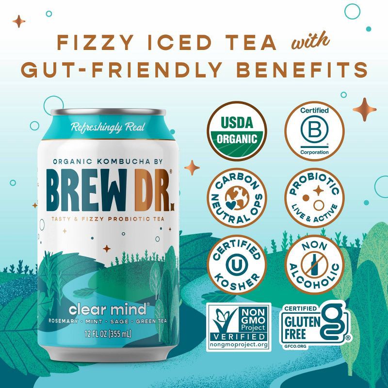 slide 3 of 7, Brew Dr. Kombucha Clear Mind - 12 fl oz Cans/4pk, 4 ct; 12 fl oz