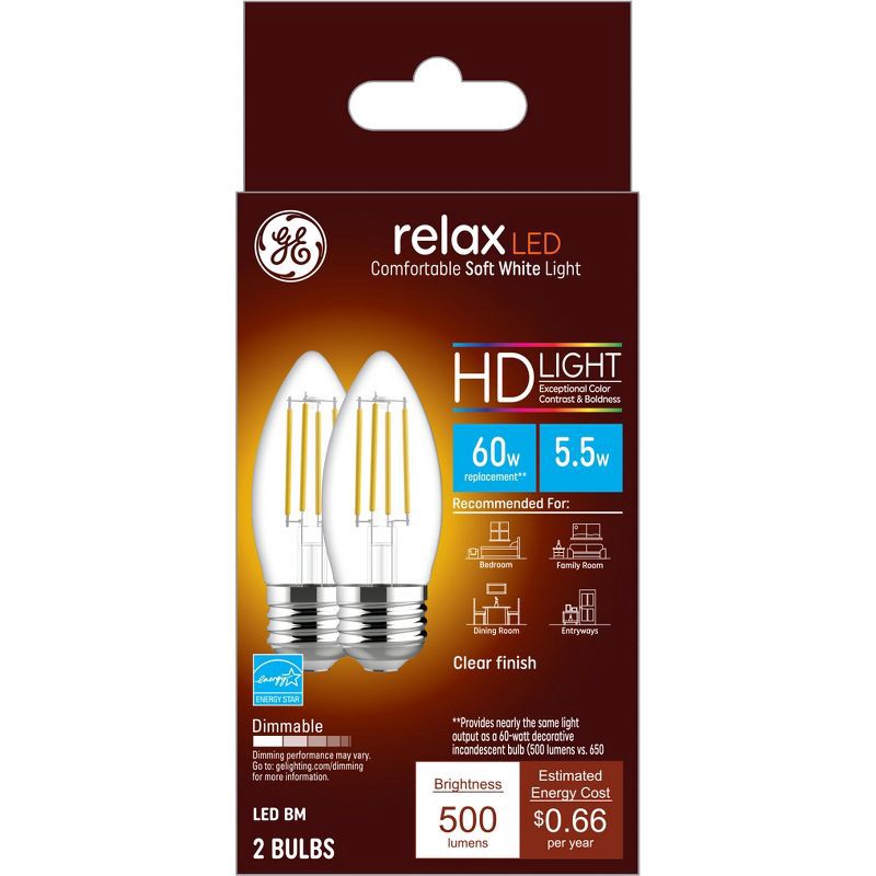 slide 1 of 8, GE Household Lighting GE 2pk Clear 60W Relax LED Decorative Light Bulbs Soft White: Dimmable, Energy Star Certified, 13.7-Year Life, E26 Base, 2 ct