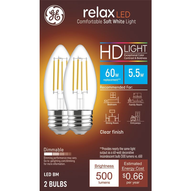 slide 1 of 8, GE Household Lighting GE 2pk Clear 60W Relax LED Decorative Light Bulbs Soft White: Dimmable, Energy Star Certified, 13.7-Year Life, E26 Base, 2 ct