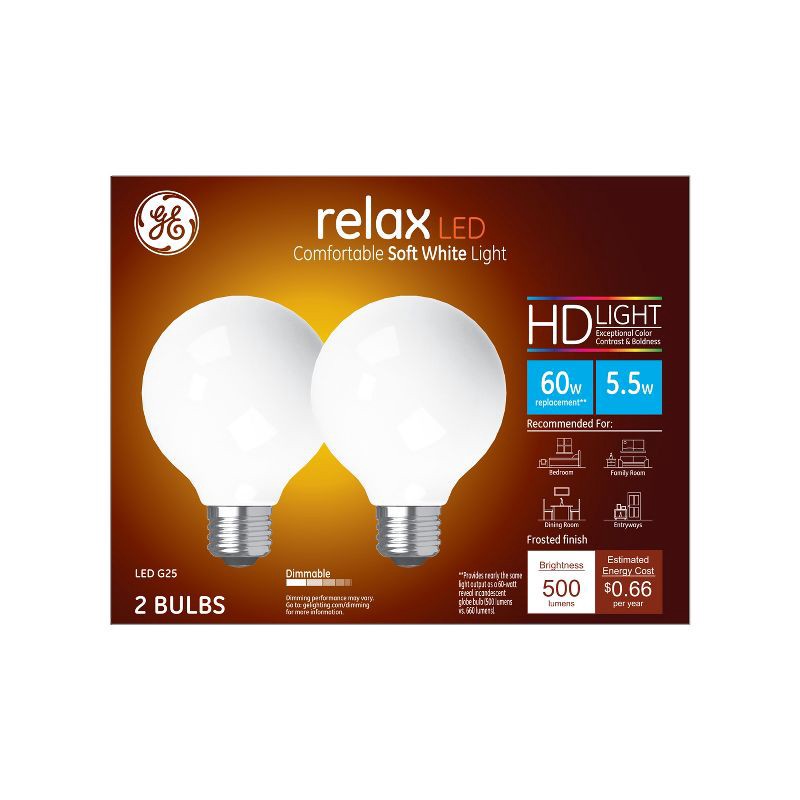 slide 2 of 3, GE Household Lighting GE 2pk 5.5W 60W Equivalent Relax LED HD Globe Light Bulbs Soft White, 2 ct