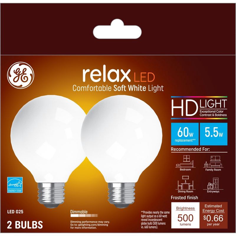 slide 1 of 4, GE Household Lighting GE 2pk 60W Relax G25 LED Frost Globe Light Bulbs Soft White: Dimmable Vanity Round Bulbs, Energy Star Certified, 2 ct