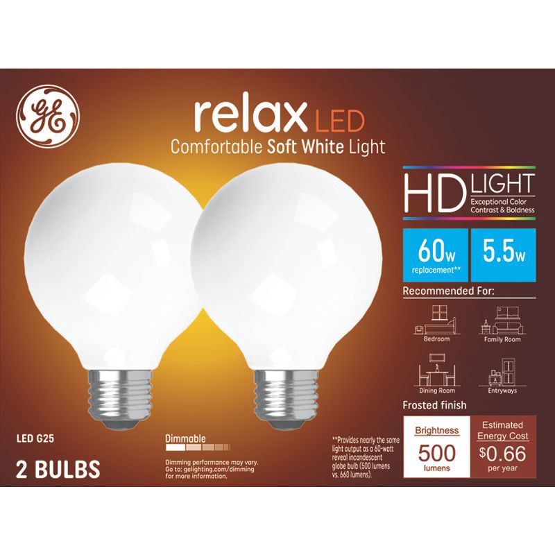 slide 1 of 4, GE Household Lighting GE 2pk 60W Relax G25 LED Frost Globe Light Bulbs Soft White: Dimmable Vanity Round Bulbs, Energy Star Certified, 2 ct