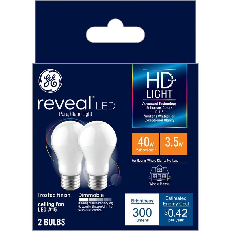 slide 1 of 7, GE Household Lighting GE 2pk 40W A15 Reveal Light Bulbs, 2 ct