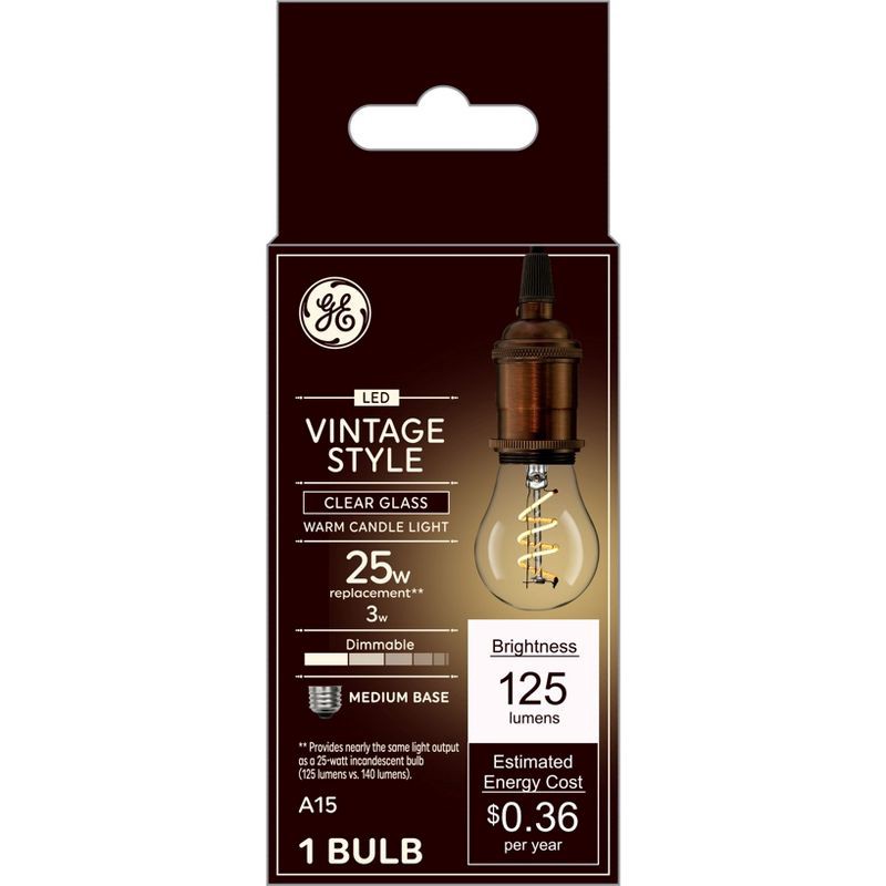 slide 1 of 4, GE Household Lighting GE 25W Vintage Style A15 LED Ceiling Fan Light Bulb Clear Glass: 3W Dimmable, Standard E26 Base, 2200K, 125 Lumens, 1 ct