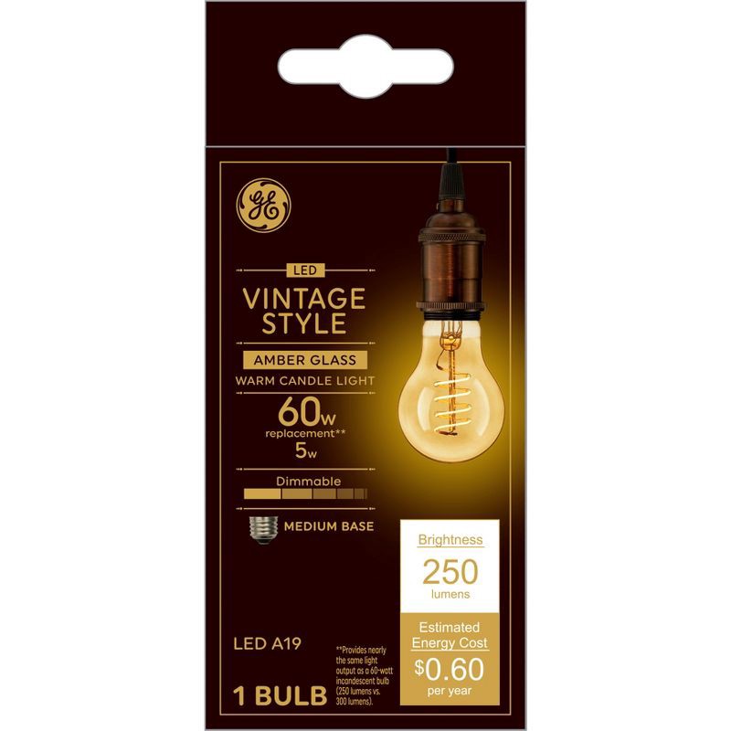 slide 1 of 4, GE Household Lighting GE 60W Vintage Style A19 LED Light Bulb Amber Glass: Warm Dimmable Lightbulb, 250 Lumens, 2000K, E26 Base, 5W Energy Use, 1 ct