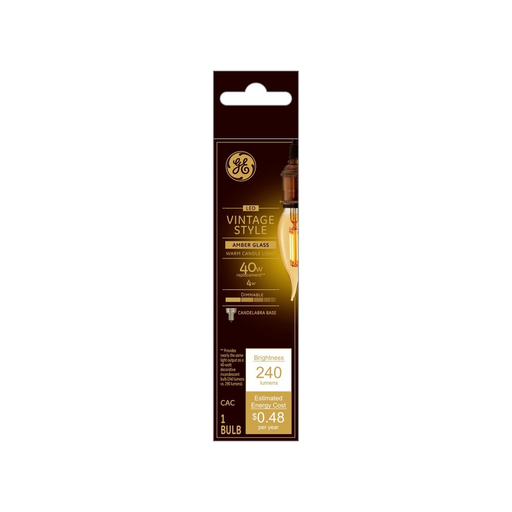 slide 2 of 3, GE Household Lighting General Electric 4W (40W Equivalent) LED Decorative Light Bulb Amber Glass Warm Candle Light, 1 ct