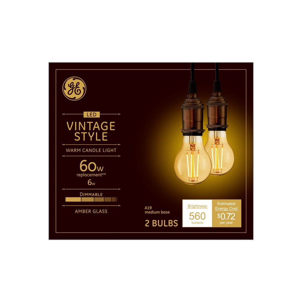 slide 2 of 3, GE Household Lighting General Electric 2pk 6W (60W Equivalent) LED Light Bulbs Amber Glass Warm Candle Light, 2 ct