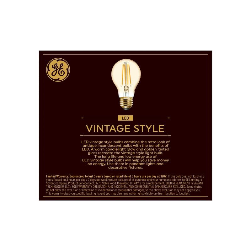 slide 3 of 4, GE Household Lighting GE 2pk 60W Vintage Style A19 LED Light Bulbs Amber Glass: Edison Bulb, Warm Dimmable Light, Standard E26 Base, 2 ct