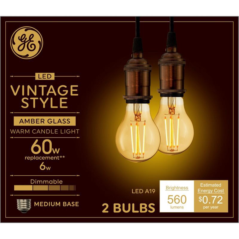 slide 1 of 4, GE Household Lighting GE 2pk 60W Vintage Style A19 LED Light Bulbs Amber Glass, 2 ct