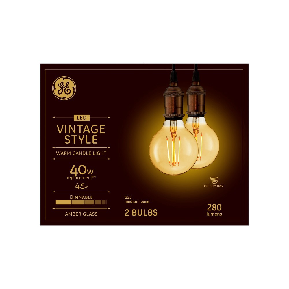 slide 2 of 3, GE Household Lighting General Electric 2pk 4.5W (40W Equivalent) LED Globe Light Bulbs Amber Glass Warm Candle Light, 2 ct