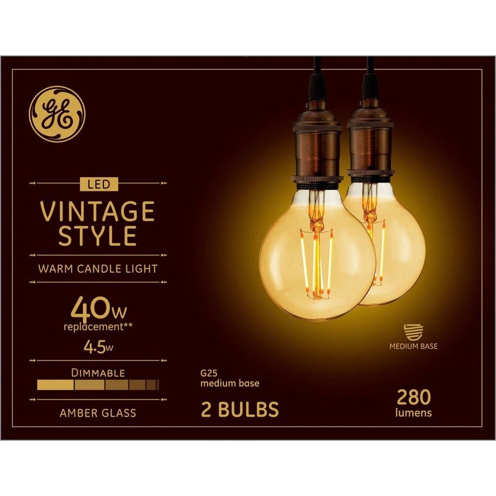 slide 3 of 3, GE Household Lighting General Electric 2pk 4.5W (40W Equivalent) LED Globe Light Bulbs Amber Glass Warm Candle Light, 2 ct