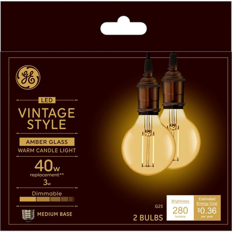 slide 1 of 4, GE Household Lighting GE 2pk 40W Vintage Style G25 LED Globe Light Bulbs Amber Glass, 2 ct