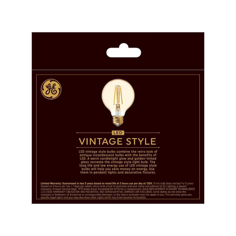 slide 3 of 3, GE Household Lighting GE 2pk 60W Vintage Style G25 LED Globe Light Bulbs Amber Glass: Warm Dimmable Edison Decorative for Lamps, 500 Lumens, 2 ct