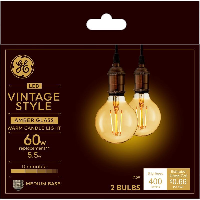 slide 1 of 3, GE Household Lighting GE 2pk 60W Vintage Style G25 LED Globe Light Bulbs Amber Glass: Warm Dimmable Edison Decorative for Lamps, 500 Lumens, 2 ct