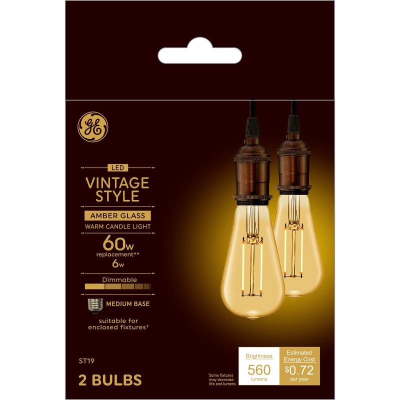 slide 1 of 4, GE Household Lighting GE 2pk 60W Vintage Style ST19 LED Edison Light Bulbs Amber Glass, 2 ct