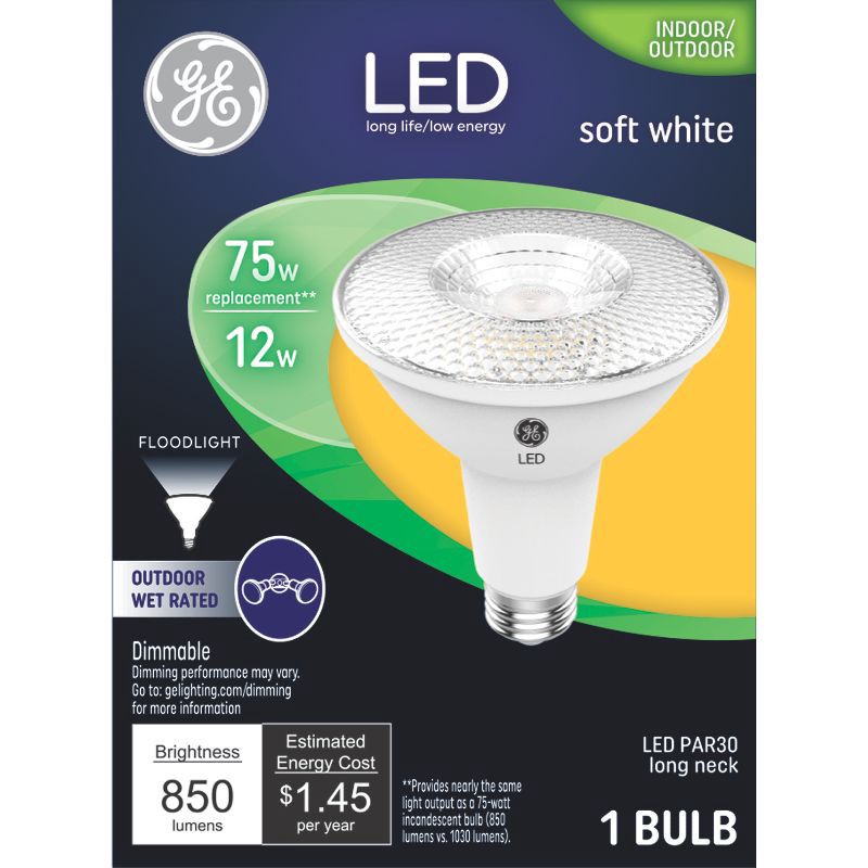 slide 1 of 3, GE Household Lighting GE 75W PAR30L LED Light Bulbs Soft White: Long Neck, Outdoor Floodlight, Dimmable, Energy Star Certified, 850 Lumens, 30 liter