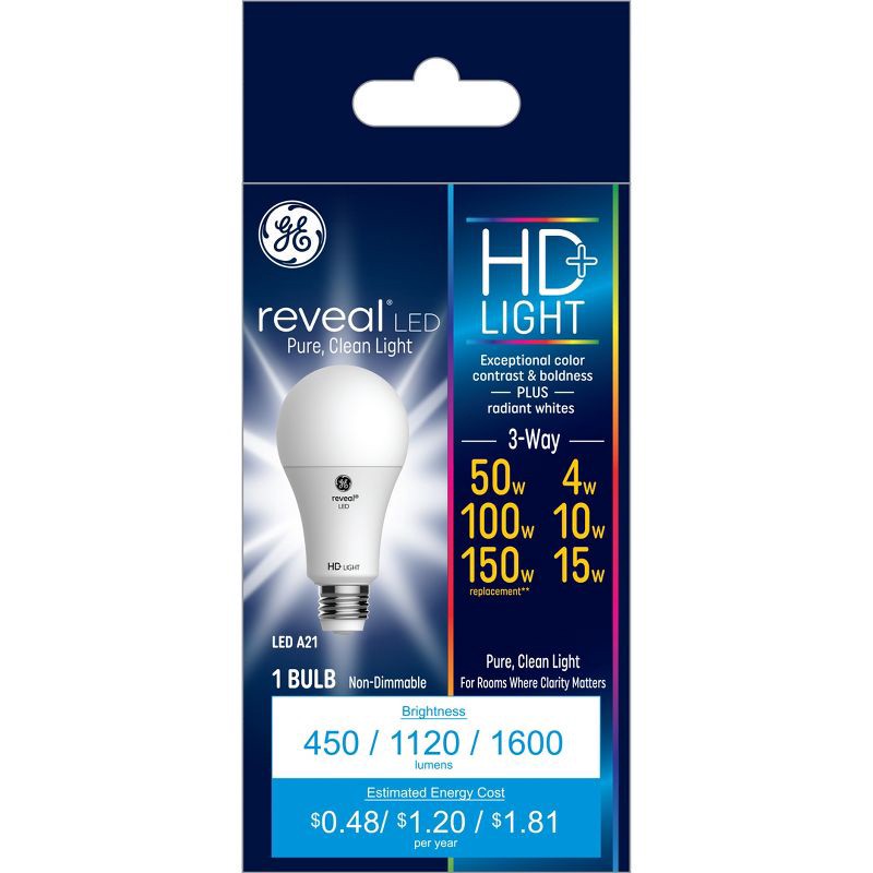 slide 1 of 4, GE Household Lighting GE Reveal HD+ LED 3-Way Light Bulb: 150W Equivalent, 1600 Lumens, A21, E26 Base, 2850K, Damp Location Suitable, 13.7-Year Life, 1 ct